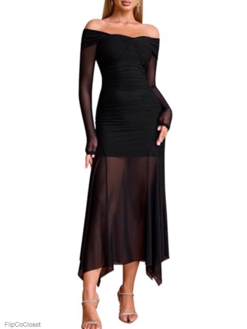 Off Shoulder Ruched Bodycon Maxi Dress Long Sleeve Asymmetrical Mesh Formal